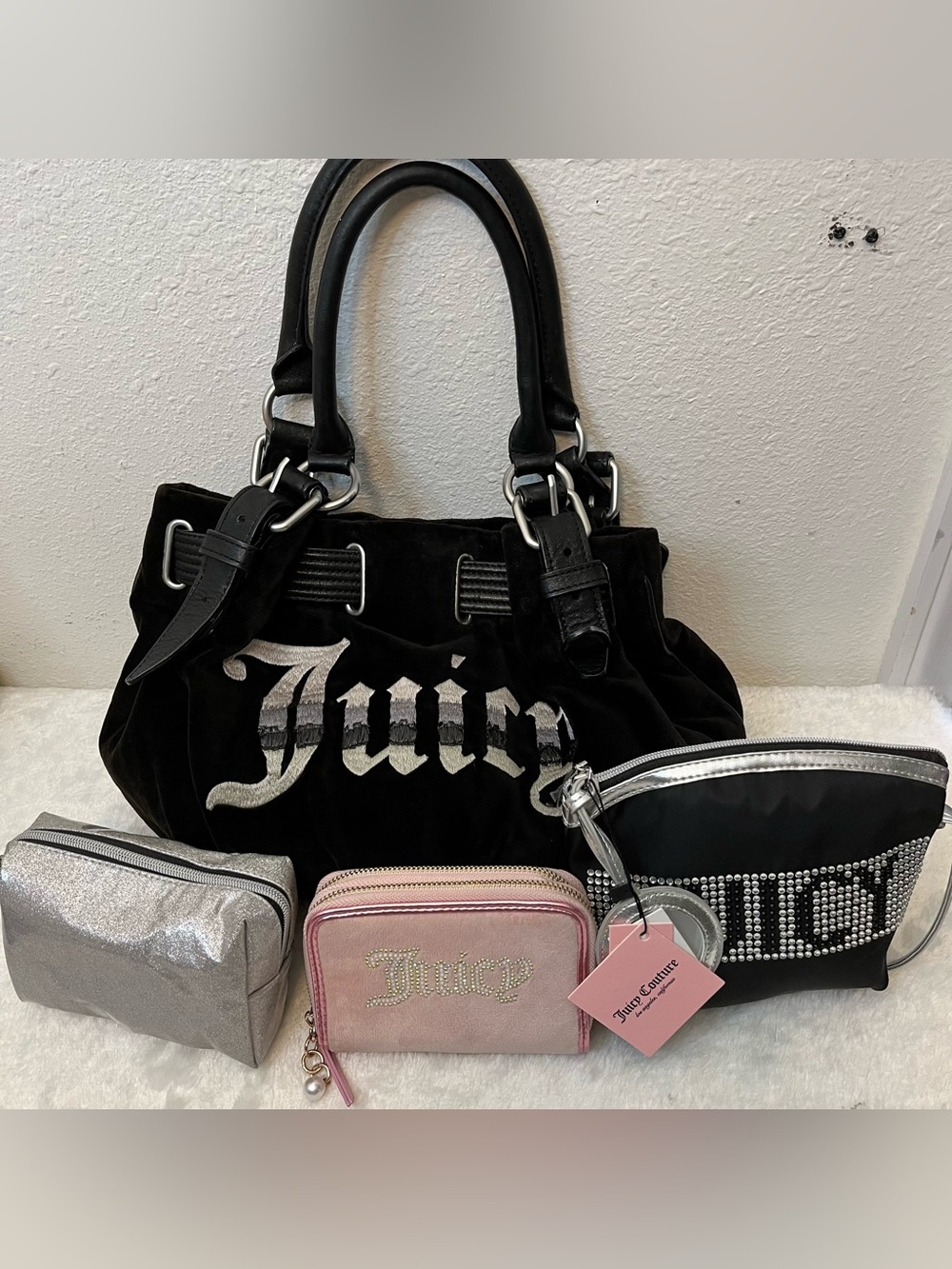 Juicy Couture Y2K Black Velour Bag - Wallet Cosmetic Bags (4-Piece Lot)